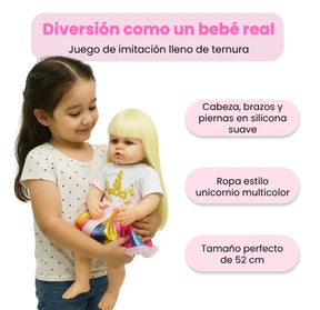 Muñeca Bebé Real Habla con Ropa de Unicornio, Cabello Largo Peinable y Accesorios