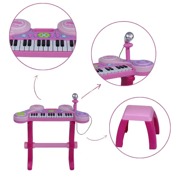 Piano Infantil con Micrófono, Silla, Luces, Sonidos Y Conexión MP3
