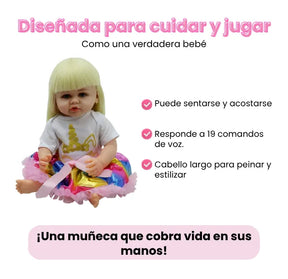 Muñeca Bebé Real Habla con Ropa de Unicornio, Cabello Largo Peinable y Accesorios