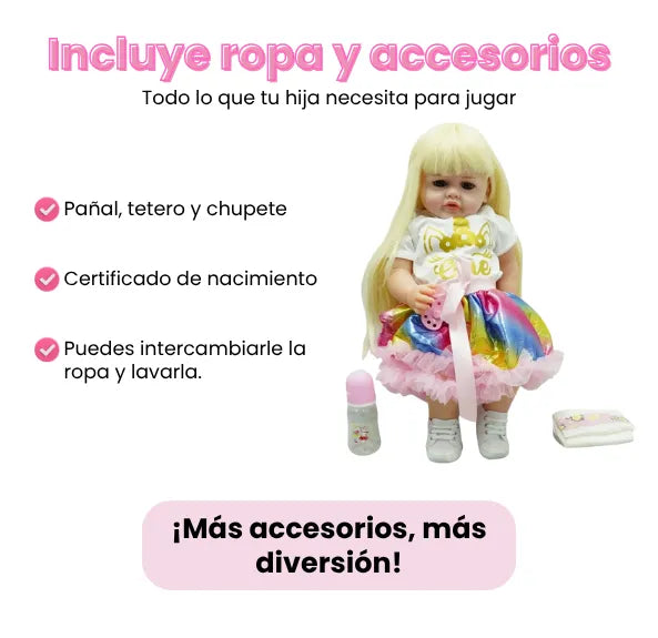 Muñeca Bebé Real Habla con Ropa de Unicornio, Cabello Largo Peinable y Accesorios