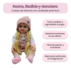 Muñeca Reborn de Silicona Con Sonidos Peinable con Tetero y Chupete