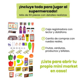 Supermercado Infantil con Carrito y Caja Registradora 60 Piezas Luces y Sonido
