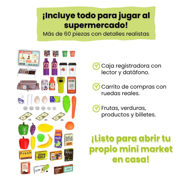 Supermercado Infantil con Carrito y Caja Registradora 60 Piezas Luces y Sonido