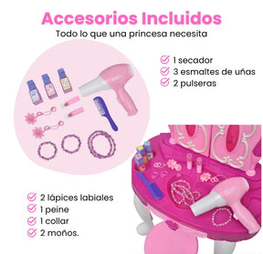 Tocador Para Niña Con Luz Sonido Silla Y Accesorios