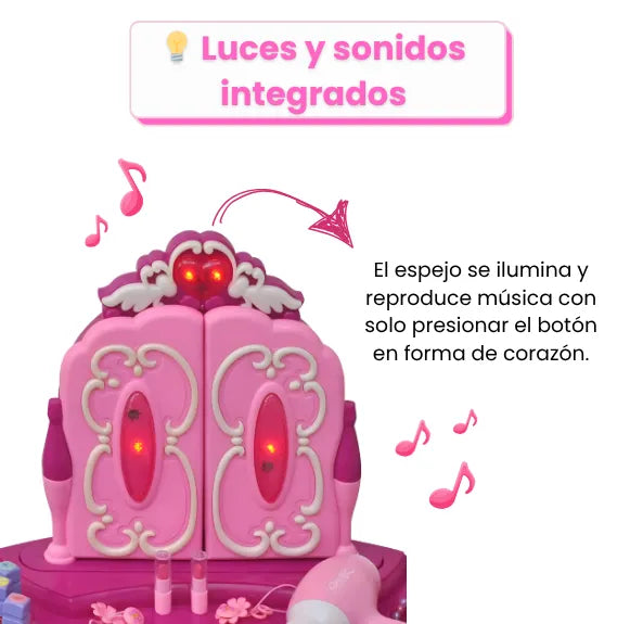 Tocador Para Niña Con Luz Sonido Silla Y Accesorios