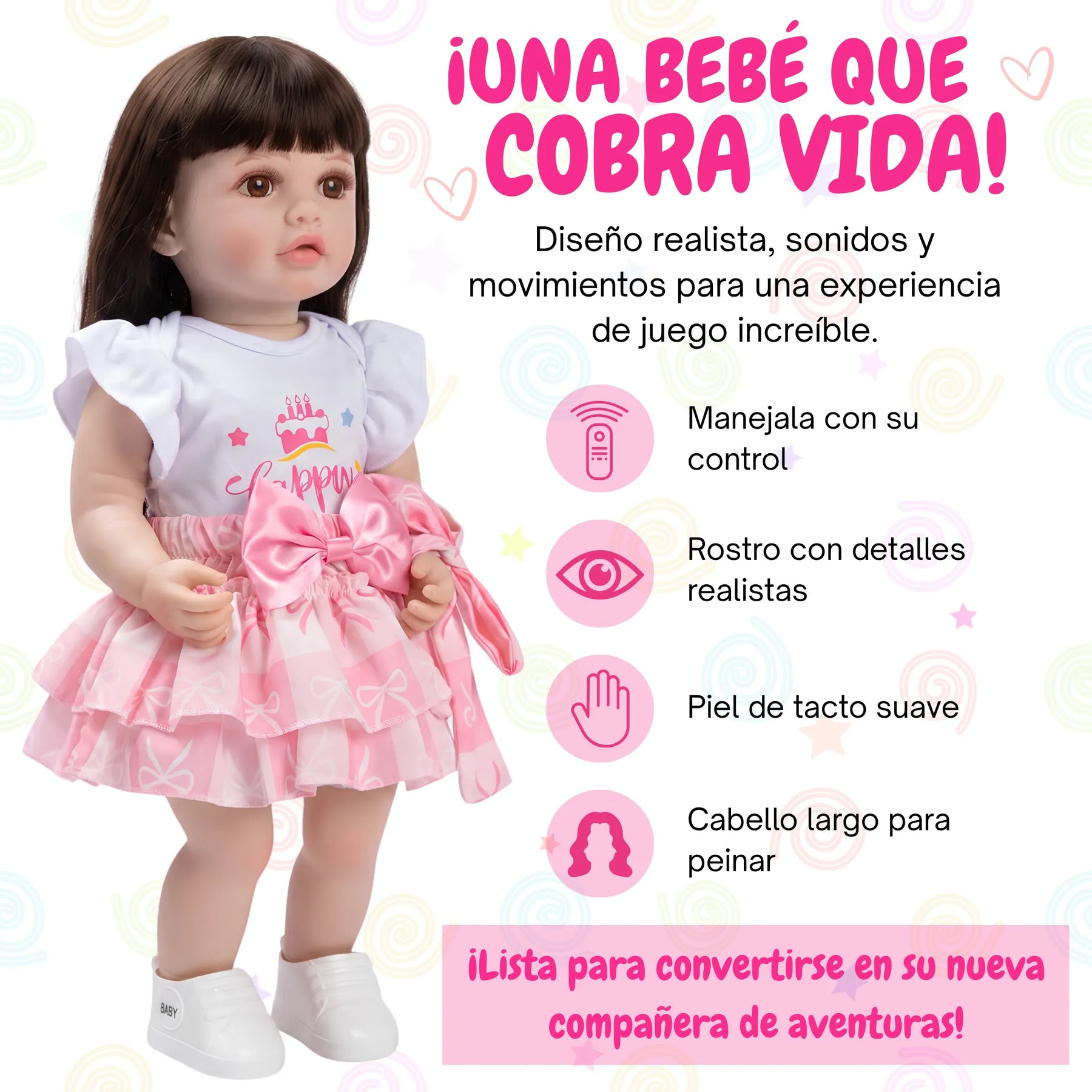 Muñeca Bebé Real Gestos Grande 55 cm Interactiva Habla, Canta, Mueve Cabeza, Boca y Manos