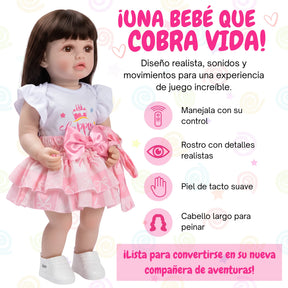 Muñeca Bebé Real Gestos Grande 55 cm Interactiva Habla, Canta, Mueve Cabeza, Boca y Manos