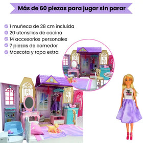 Casa de Muñecas Tipo Maleta con Muñeca y 60 Accesorios Para Niñas