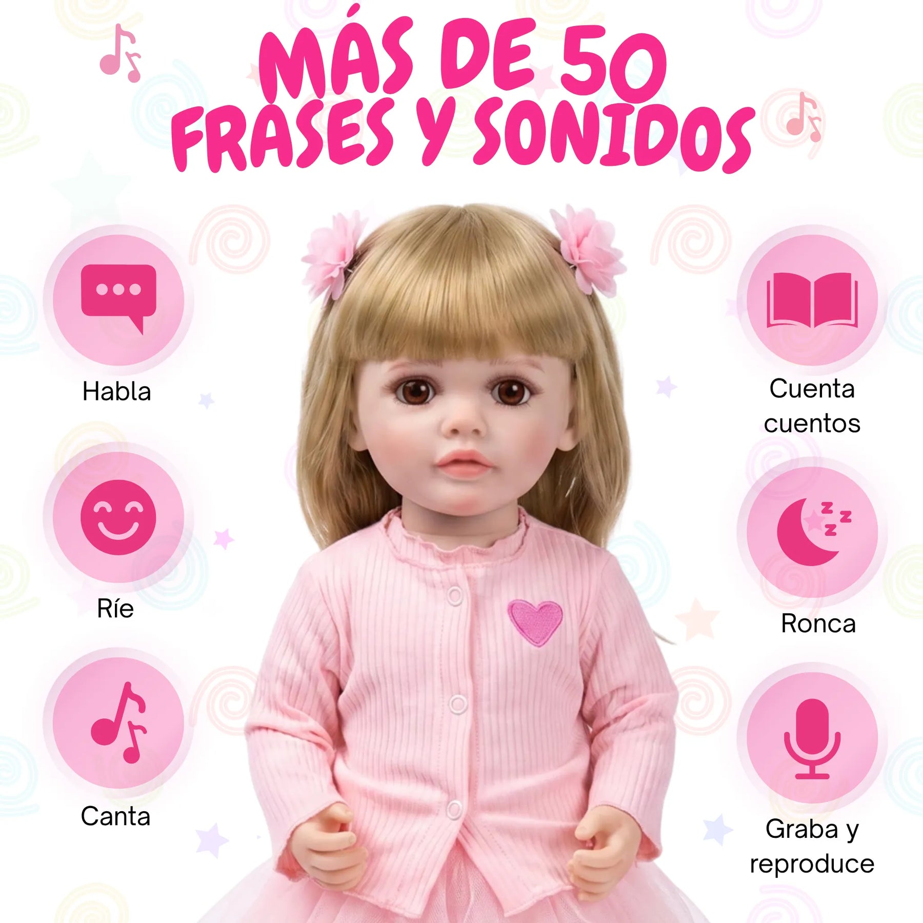 Muñeca Bebé Real Gestos Grande 55 cm Interactiva Habla, Canta, Mueve Cabeza, Boca y Manos