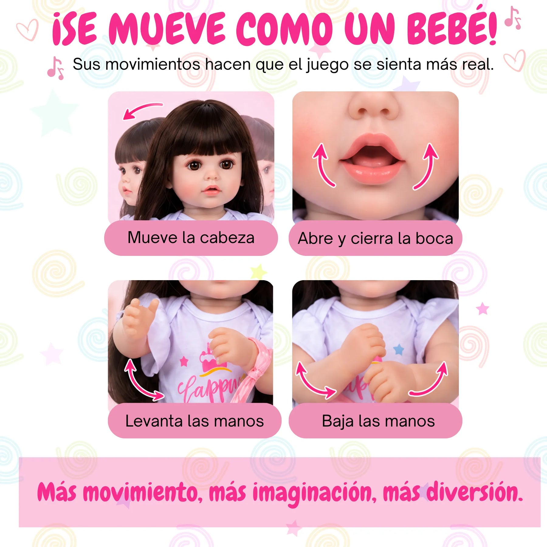 Muñeca Bebé Real Gestos Grande 55 cm Interactiva Habla, Canta, Mueve Cabeza, Boca y Manos