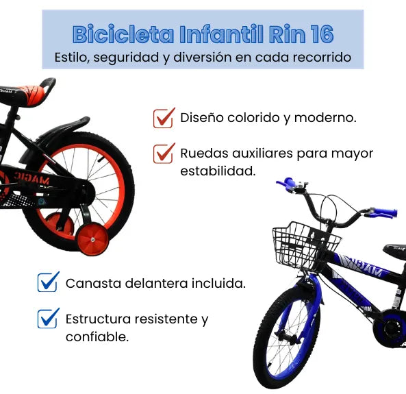 Bicicleta Infantil Rin 16 Para Niño Con Llantas Auxiliares