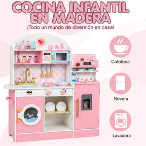 Cocina Infantil de Madera Grande 3 en 1 con Refrigerador, Cafetera, Lavadora y Accesorios