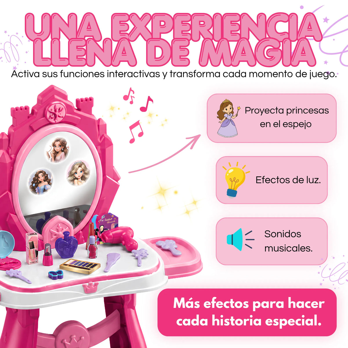 Tocador Infantil Princesa Luz, Sonido, Proyección, Silla y Accesorios