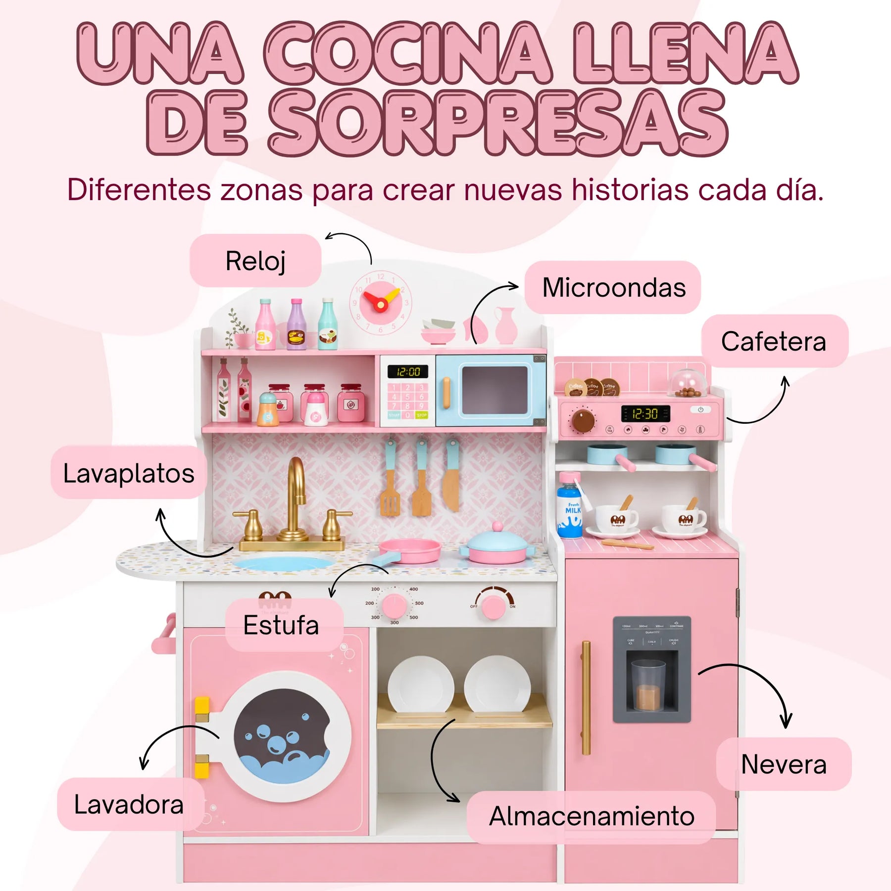 Cocina Infantil de Madera Grande 3 en 1 con Refrigerador, Cafetera, Lavadora y Accesorios