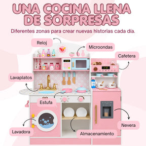 Cocina Infantil de Madera Grande 3 en 1 con Refrigerador, Cafetera, Lavadora y Accesorios