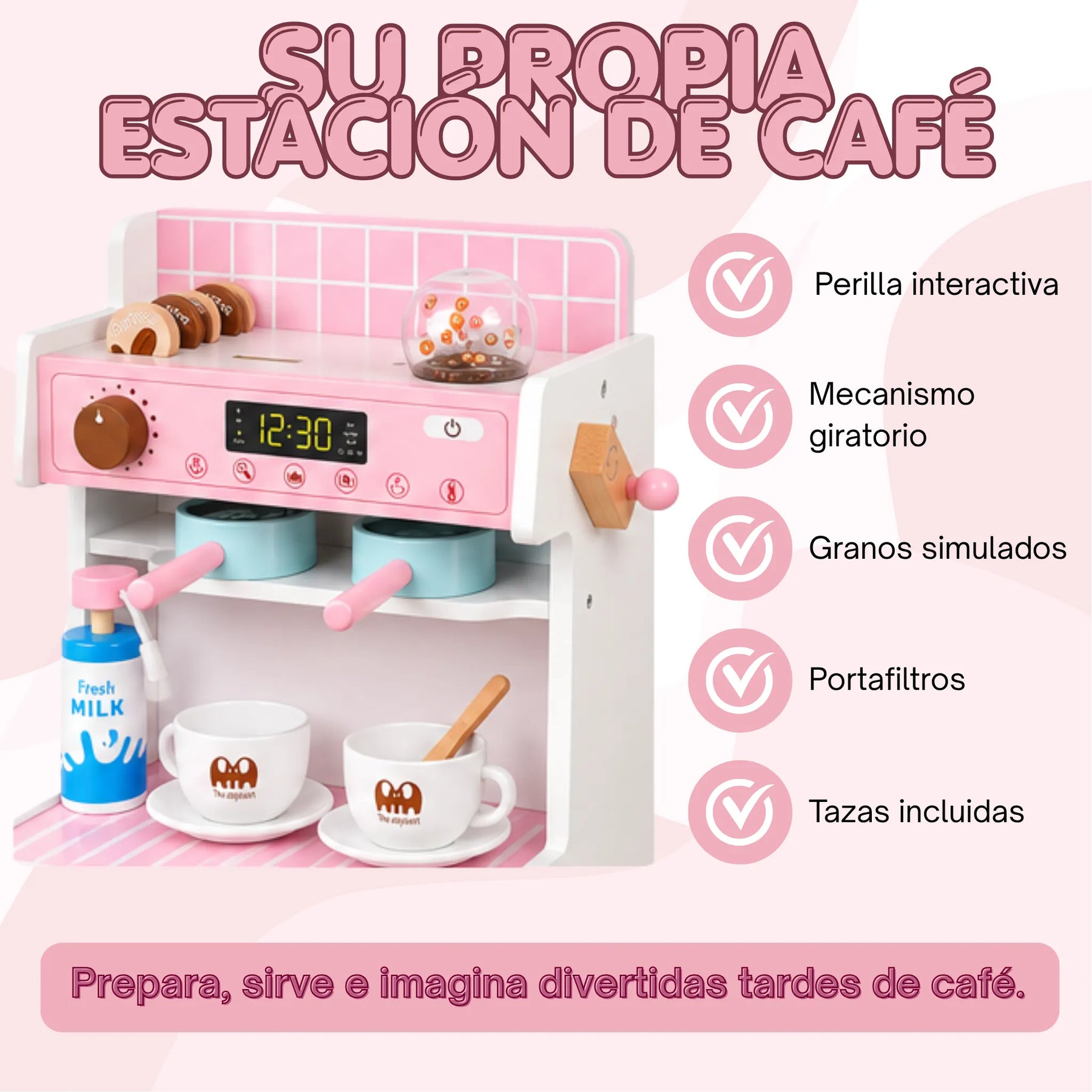 Cocina Infantil de Madera Grande 3 en 1 con Refrigerador, Cafetera, Lavadora y Accesorios