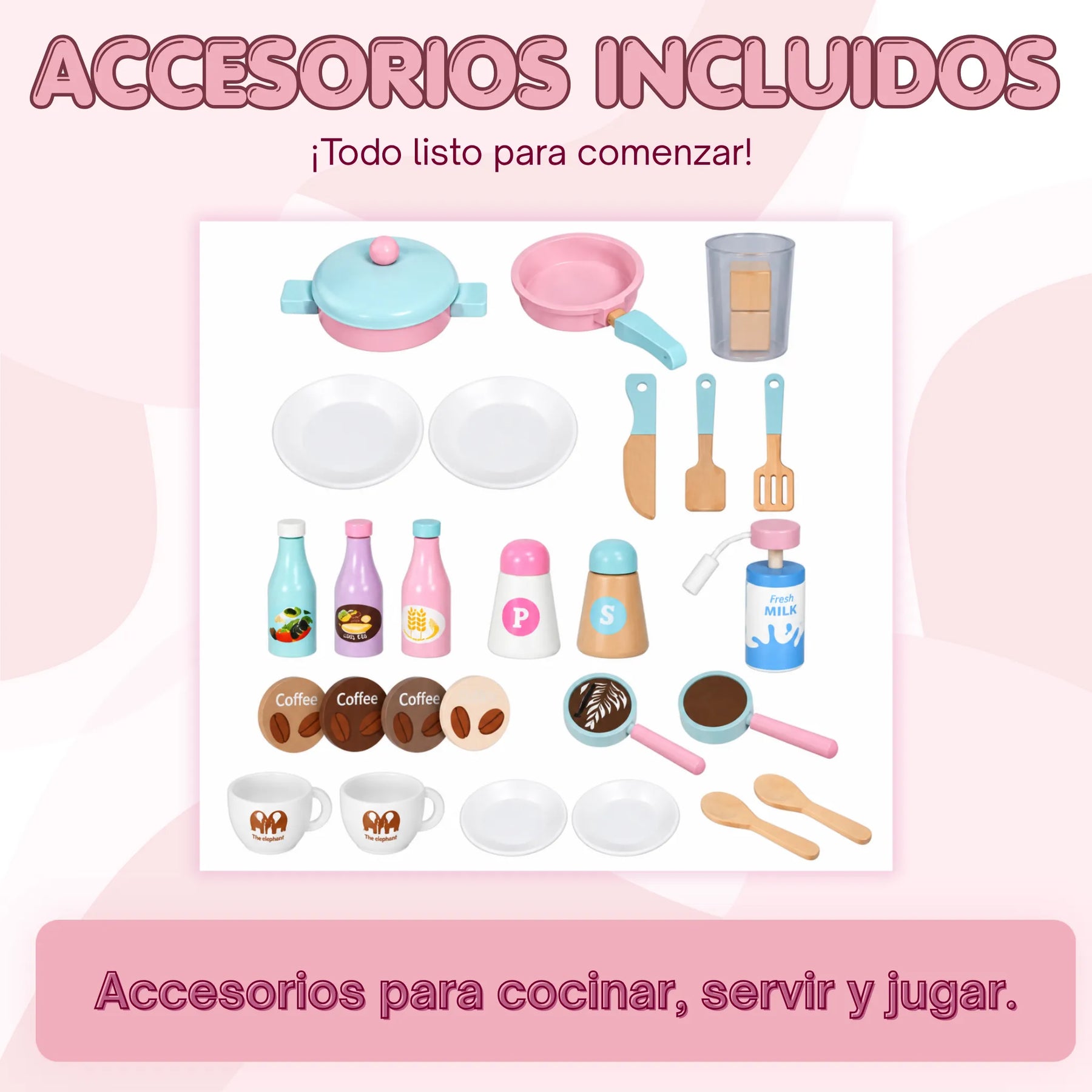 Cocina Infantil de Madera Grande 3 en 1 con Refrigerador, Cafetera, Lavadora y Accesorios