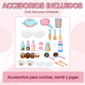 Cocina Infantil de Madera Grande 3 en 1 con Refrigerador, Cafetera, Lavadora y Accesorios