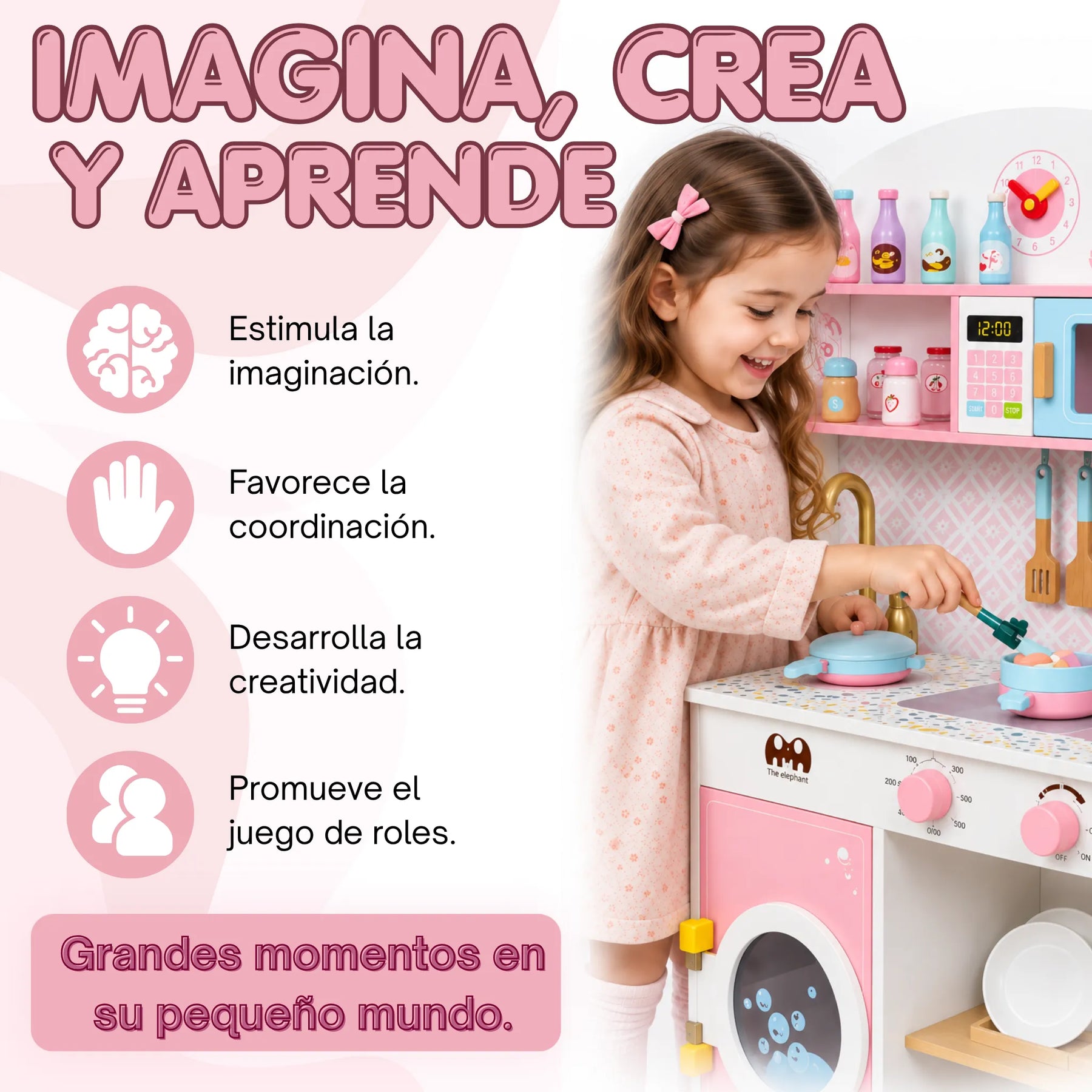 Cocina Infantil de Madera Grande 3 en 1 con Refrigerador, Cafetera, Lavadora y Accesorios