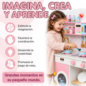Cocina Infantil de Madera Grande 3 en 1 con Refrigerador, Cafetera, Lavadora y Accesorios