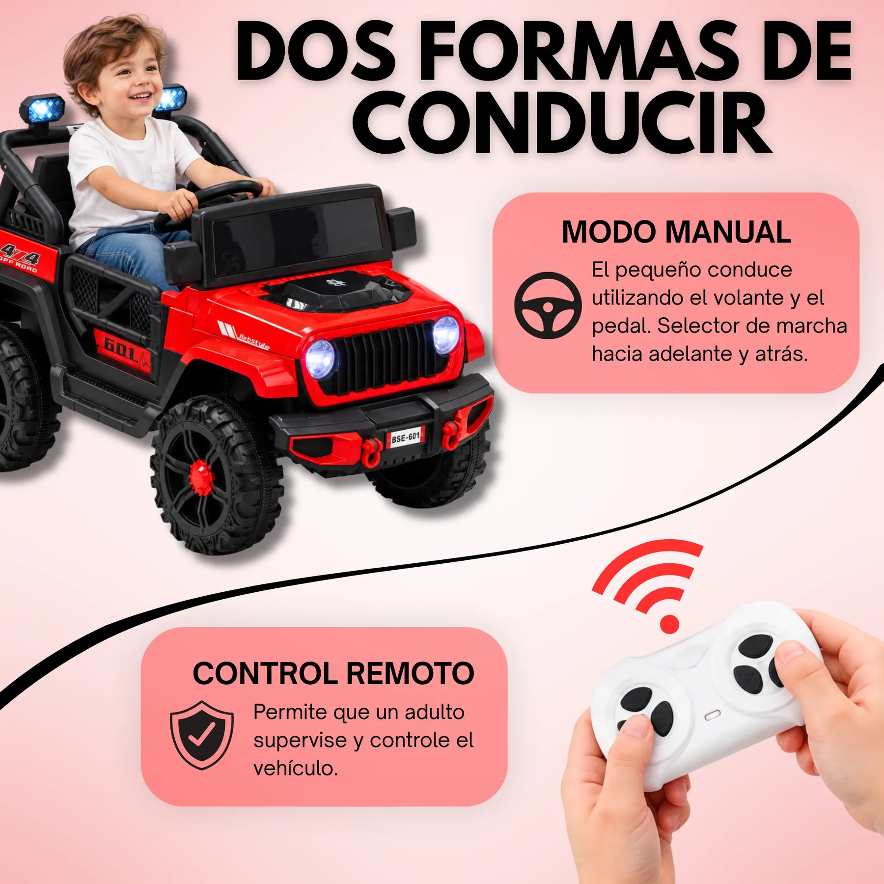 Montable Campero Mediano Para Niño Con Control Remoto, Bluetooth, Luces LED Y Sonidos