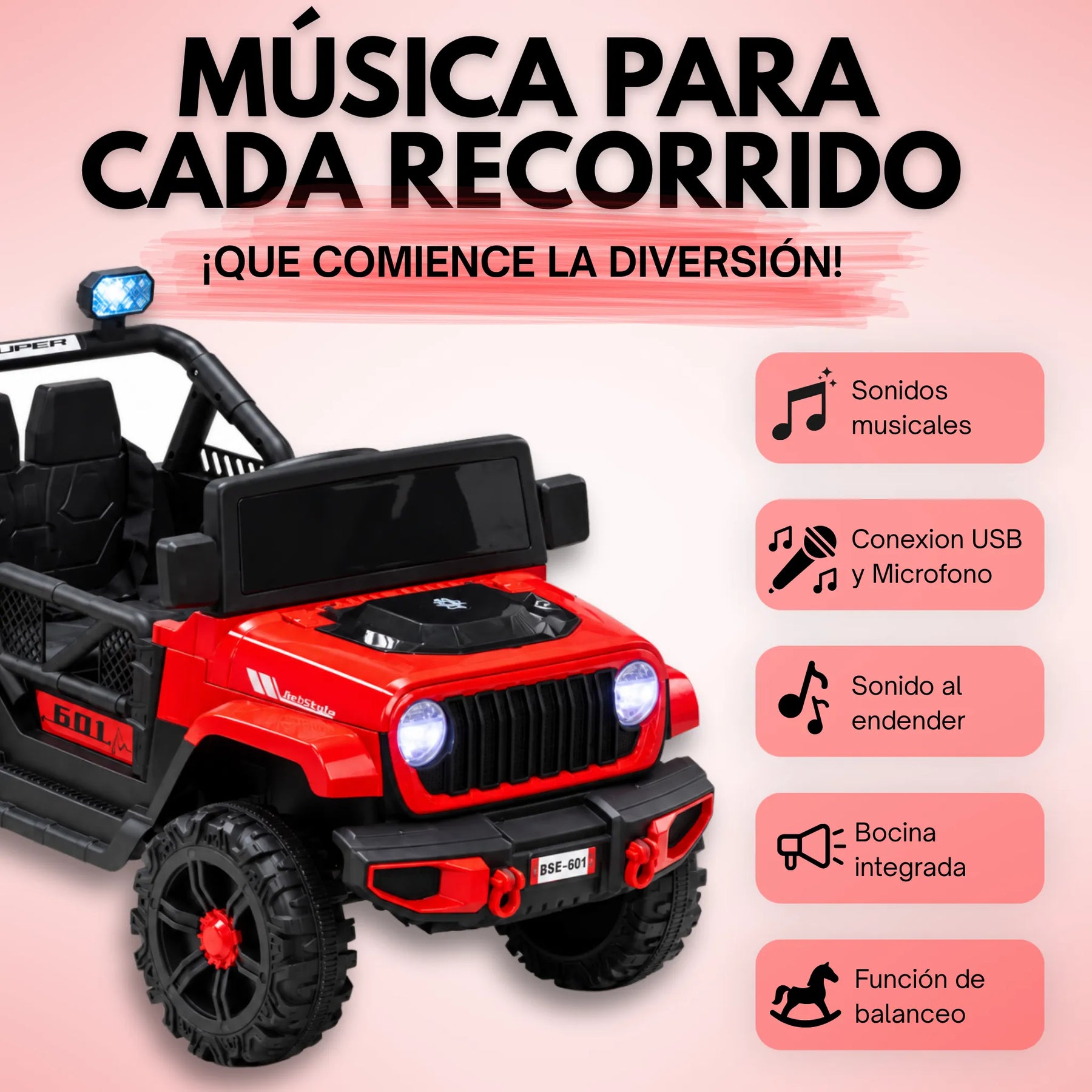 Montable Campero Mediano Para Niño Con Control Remoto, Bluetooth, Luces LED Y Sonidos