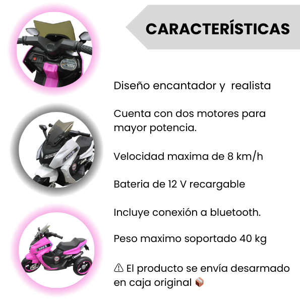 Montable Moto Max Electrica Recargable Para Niñas Con Luces Y Bluetooth