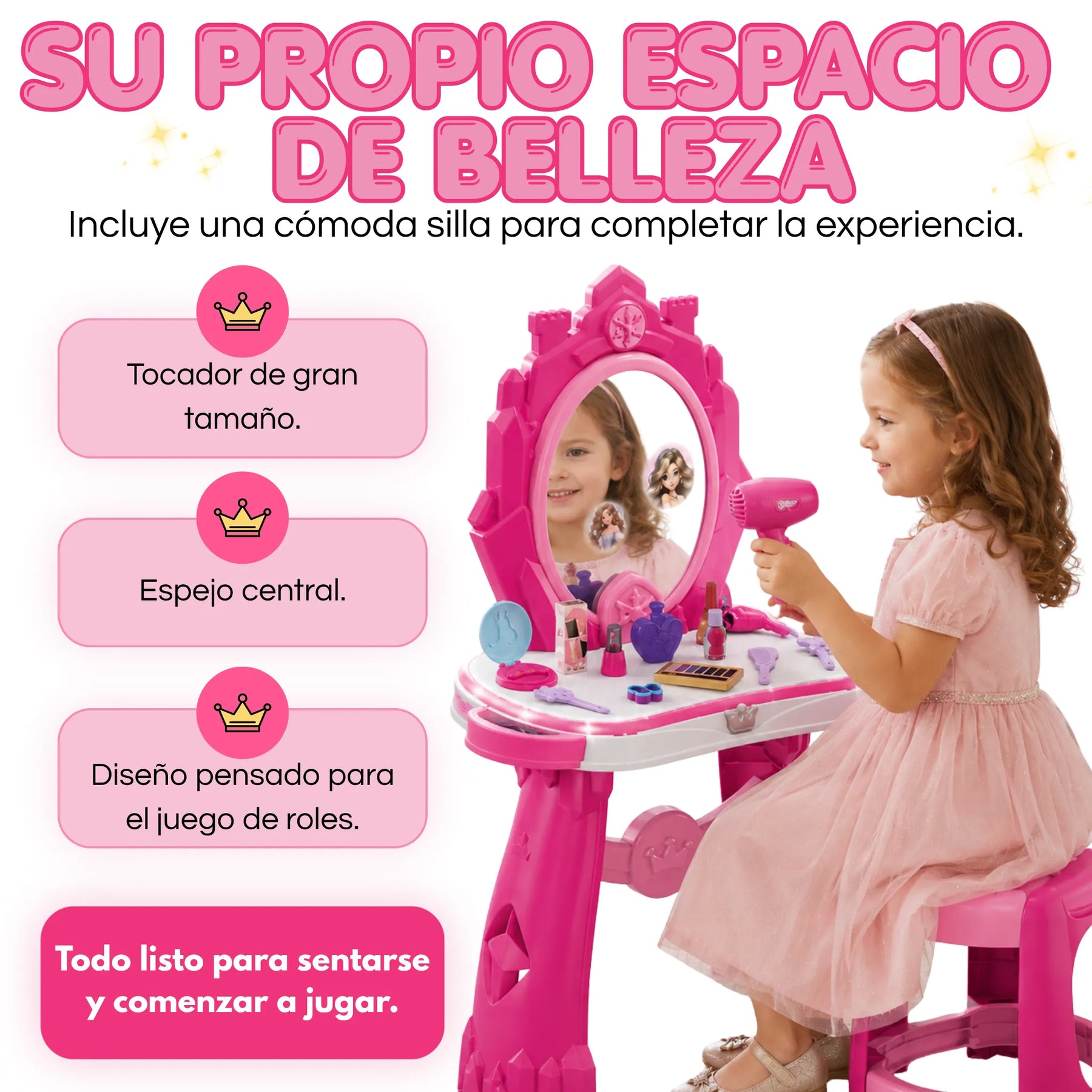 Tocador Infantil Princesa Luz, Sonido, Proyección, Silla y Accesorios