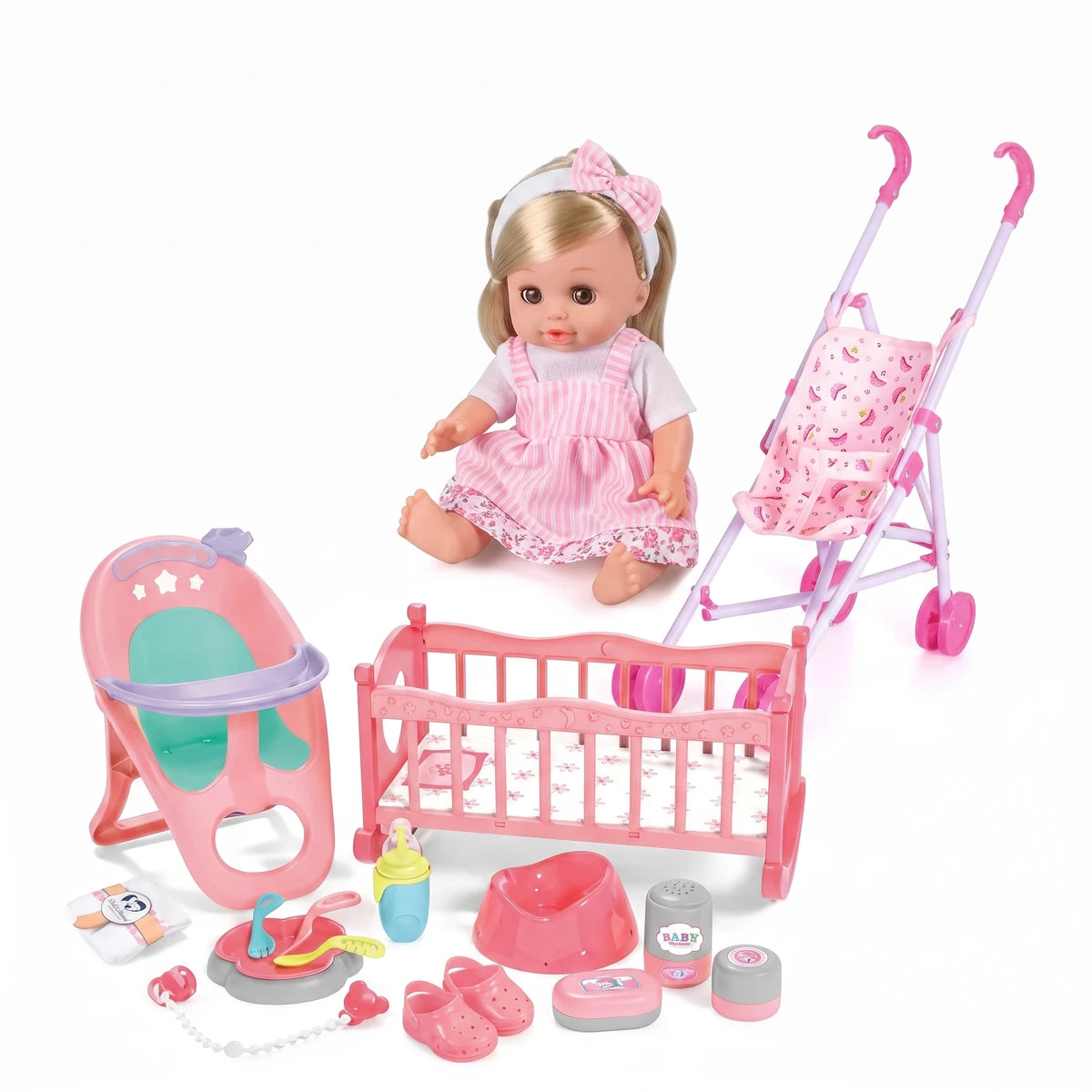 Set de Muñeca Con Cuna Y Coche Mas Accesorios Para Niñas