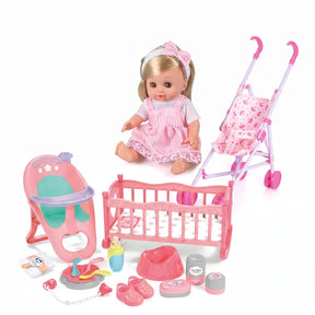 Set de Muñeca Con Cuna Y Coche Mas Accesorios Para Niñas