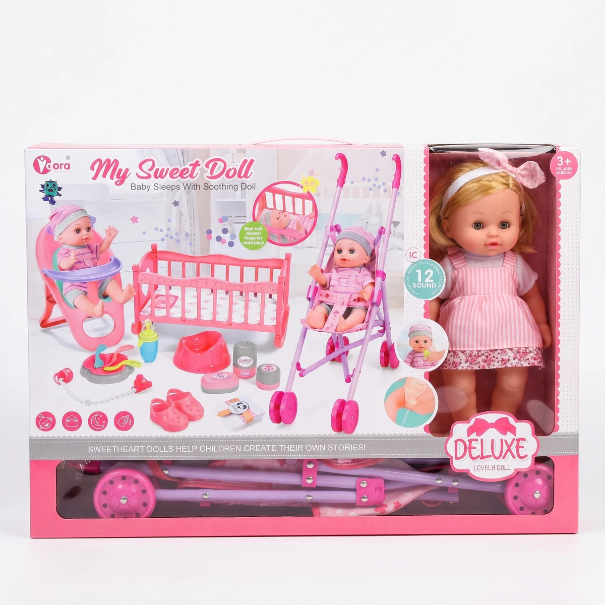 Set de Muñeca Con Cuna Y Coche Mas Accesorios Para Niñas