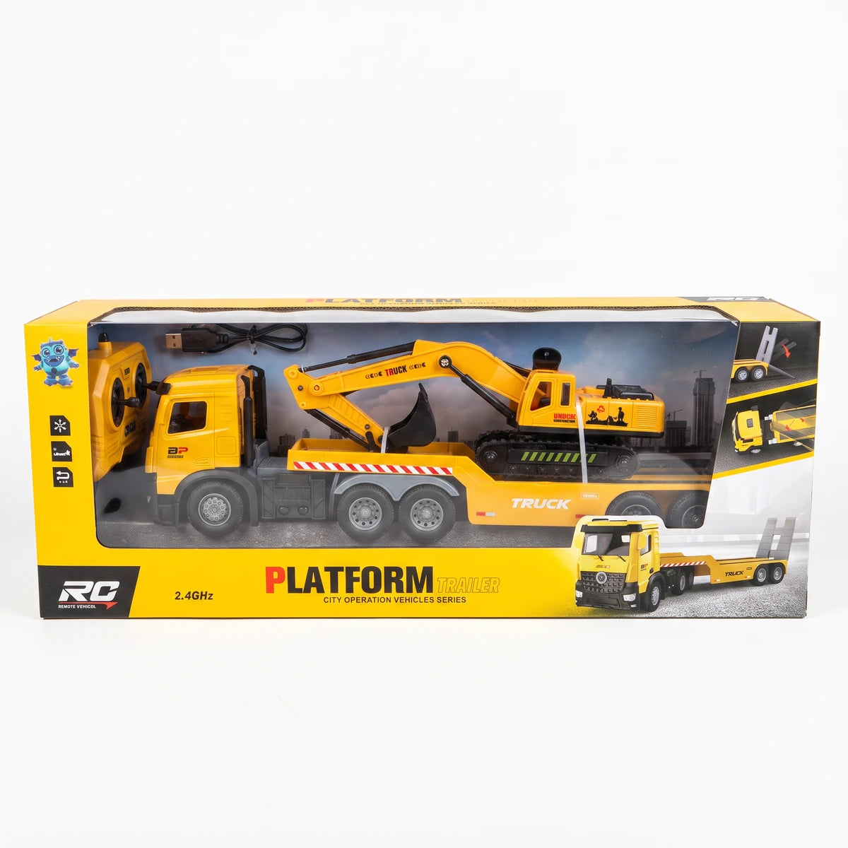 Camión Tráiler Con Excavadora RC 2.4GHz Juguete A Control Remoto Con Batería Recargable para Niños