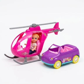 Muñeca Pequeña Mas Carro Y Helicóptero Para Niña