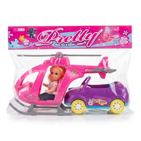 Muñeca Pequeña Mas Carro Y Helicóptero Para Niña