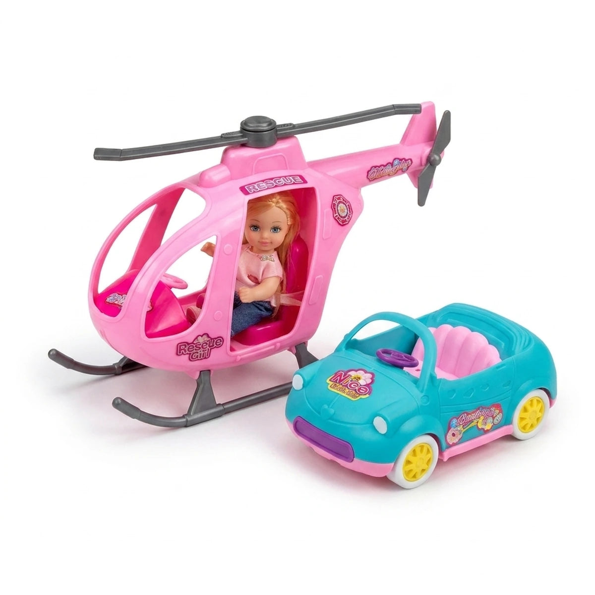Muñeca Pequeña Mas Carro Y Helicóptero Para Niña