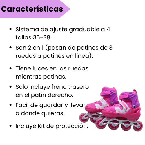 Patines Ajustables Para Niñas Con Kit De Protección 4 Llantas Y Línea