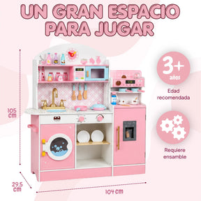 Cocina Infantil de Madera Grande 3 en 1 con Refrigerador, Cafetera, Lavadora y Accesorios